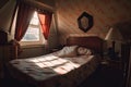 cozy retro room, with sunbeam shining through the window, onto the bed