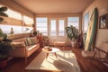 cozy retro room with view of the beach, sun shining on the waves