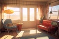 cozy retro room with view of the beach, sun shining on the waves