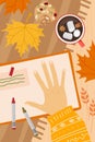 Cozy romantic concept with creative notebook, hot drink, cookies, girl hand, Autumn red leaves. Cute Autumn flat Vector