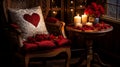 Cozy romantic home with red furniture and love themed decor, perfect for intimate moments and gifts