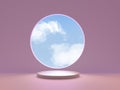 Cozy romantic pink podium with a window with a view of the sky with clouds. Illustration of the pedestal. 3D render Royalty Free Stock Photo