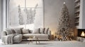 A cozy room with Christmas tree and decorations, white and light grey colors Royalty Free Stock Photo