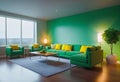 cozy room in the house, cheerful style, room decoration in yellow and green tones, modern and minimalist apartment design, Royalty Free Stock Photo