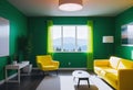 cozy room in the house, cheerful style, room decoration in yellow and green tones, modern and minimalist apartment design, Royalty Free Stock Photo