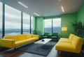 cozy room in the house, cheerful style, room decoration in yellow and green tones, modern and minimalist apartment design, Royalty Free Stock Photo