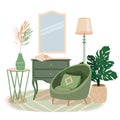 Cozy room interior with modern armchair. Vector cozy furniture elements