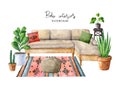 Cozy room interior with sofa, carpet, home plants in pots, ottoman, pillows, whatnot Royalty Free Stock Photo