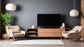 Cozy room interior with stylish furniture, decor elements and TV set Royalty Free Stock Photo