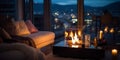 cozy room with sofa ,candle light and kamin on front evening windows Royalty Free Stock Photo