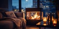 cozy room with sofa ,candle light and kamin on front evening windows Royalty Free Stock Photo