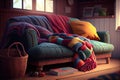 cozy room with wooden floorboards, velvet couch and a basket of colorful blankets