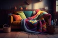 cozy room with wooden floorboards, velvet couch and a basket of colorful blankets