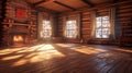 A cozy room in a wooden house with a fireplace, winter and snow outside.