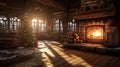 A cozy room in a wooden house with a fireplace, winter and snow outside.