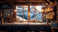 Cozy, rustic bar with a large window