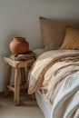 Cozy rustic bedroom corner with natural pottery. Ideal for home decor themes.- AI Generated