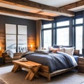 19 A cozy, rustic bedroom with a mix of plaid and solid bedding, a wooden bed frame, and a large, plush area rug1, Generative AI