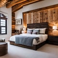 19 A cozy, rustic bedroom with a mix of plaid and solid bedding, a wooden bed frame, and a large, plush area rug2, Generative AI