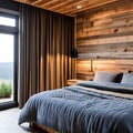 19 A cozy, rustic bedroom with a mix of plaid and solid bedding, a wooden bed frame, and a large, plush area rug5, Generative AI