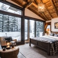 10 A cozy, rustic bedroom with a mix of wooden and plaid finishes, a classic wooden bed frame, and a mix of patterned and solid