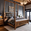 10 A cozy, rustic bedroom with a mix of wooden and plaid finishes, a classic wooden bed frame, and a mix of patterned and solid