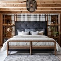 10 A cozy, rustic bedroom with a mix of wooden and plaid finishes, a classic wooden bed frame, and a mix of patterned and solid