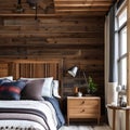 3 A cozy, rustic bedroom with a mix of wooden and plaid finishes, a classic wooden bed frame, and a mix of patterned and solid b