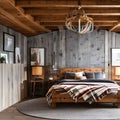 3 A cozy, rustic bedroom with a mix of wooden and plaid finishes, a classic wooden bed frame, and a mix of patterned and solid b