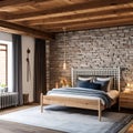 3 A cozy, rustic bedroom with a mix of wooden and plaid finishes, a classic wooden bed frame, and a mix of patterned and solid b