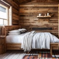 3 A cozy, rustic bedroom with a mix of wooden and plaid finishes, a classic wooden bed frame, and a mix of patterned and solid b