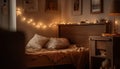 Cozy rustic bedroom with modern lighting, comfortable bedding, and wood decor generated by AI Royalty Free Stock Photo