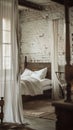 Cozy rustic bedroom with white linens Royalty Free Stock Photo