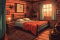 Cozy Rustic Cabin Bedroom with Candlelit Nightstand and Warm Blankets