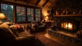 A cozy, rustic cabin with a crackling fireplace for warmth