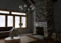 Cozy rustic cabin interior with fireplace in winter with snow