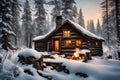 A cozy, rustic cabin nestled in the snowy woods, smoke rising from the chimney