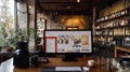 Cozy rustic cafe interior with a computer displaying an online shop