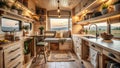 Cozy, rustic campervan interior design featuring a built-in kitchen, dining area, and seating nook with warm lighting and a scenic Royalty Free Stock Photo