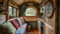 Cozy Rustic Caravan Interior With A View. Tiny Home Living In A Unique And Charming Space Royalty Free Stock Photo