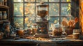 Cozy rustic coffee shop with vintage grinder - generative ai