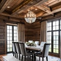 19 A cozy, rustic dining room with a mix of wooden and plaid finishes, a classic chandelier, and a large, formal dining table4,