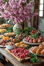 A cozy rustic Easter brunch table. A mix of fresh fruits, pastries, artisan bread, and decorated eggs