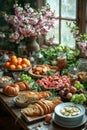 A cozy rustic Easter brunch table, with spring flowers, a mix of fresh fruits, homemade pastry and Easter eggs