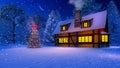 Cozy rustic house and christmas tree at snowing night Royalty Free Stock Photo