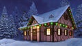 Cozy rustic house decorated for Christmas at night Royalty Free Stock Photo