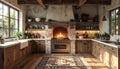 Cozy Rustic Kitchen with Brick Fireplace and Wooden Cabinets Royalty Free Stock Photo