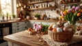 A cozy rustic kitchen is decorated for Easter with a basket of pastel, speckled eggs on a wooden table Royalty Free Stock Photo
