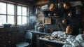 Cozy Rustic Kitchen Interior with Copper Pots, Snow-Covered Window & Warm Lighting Royalty Free Stock Photo