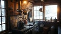 Cozy Rustic Kitchen Interior with Snow-Covered Forest View and Steaming Kettle on Stove Royalty Free Stock Photo